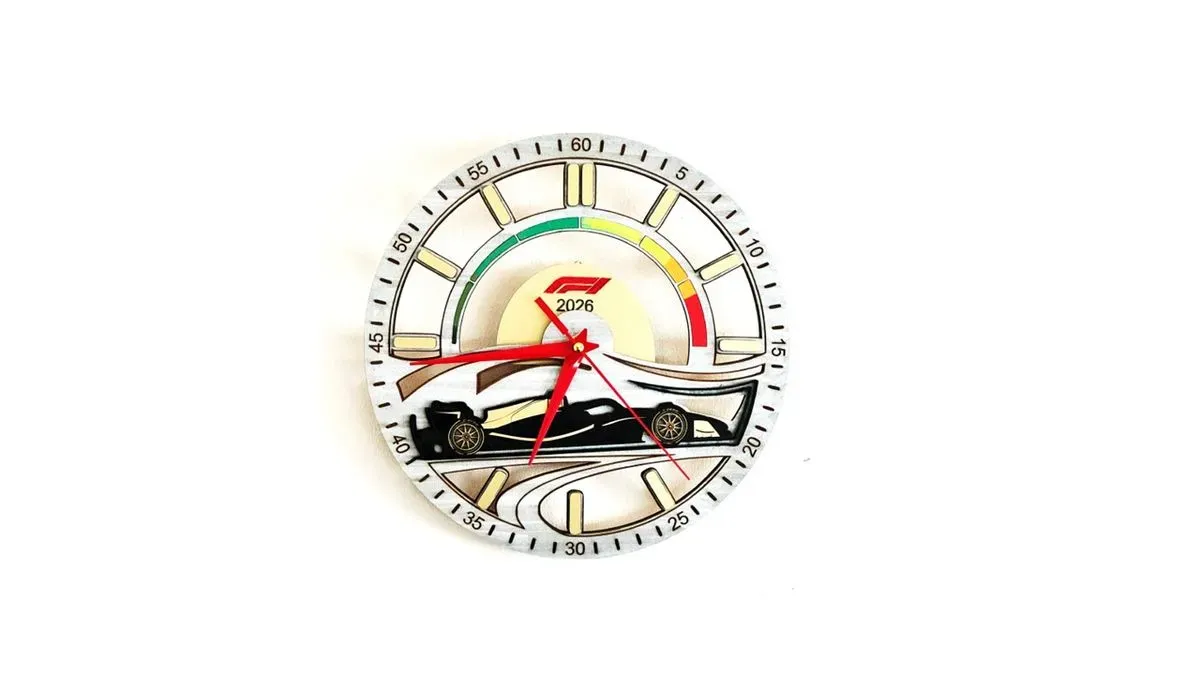 Formula 1 Inspired Wooden Wall Clock Handmade Double-Layered Plywood Motorsport Wall Decor thumbnail