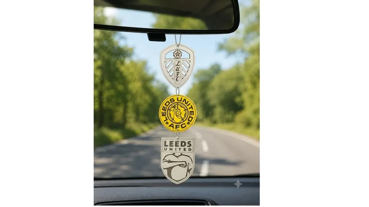 Leeds Inspired Football Rear View Mirror Hangings Handmade Wooden Car Accessories thumbnail