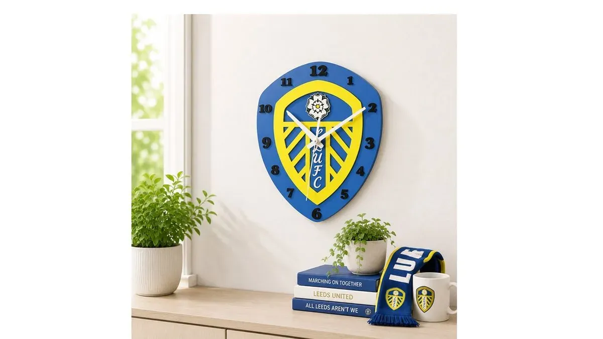 Handmade Wooden Leeds United Shield Wall Clock – Football Fan Bedroom Decor thumbnail