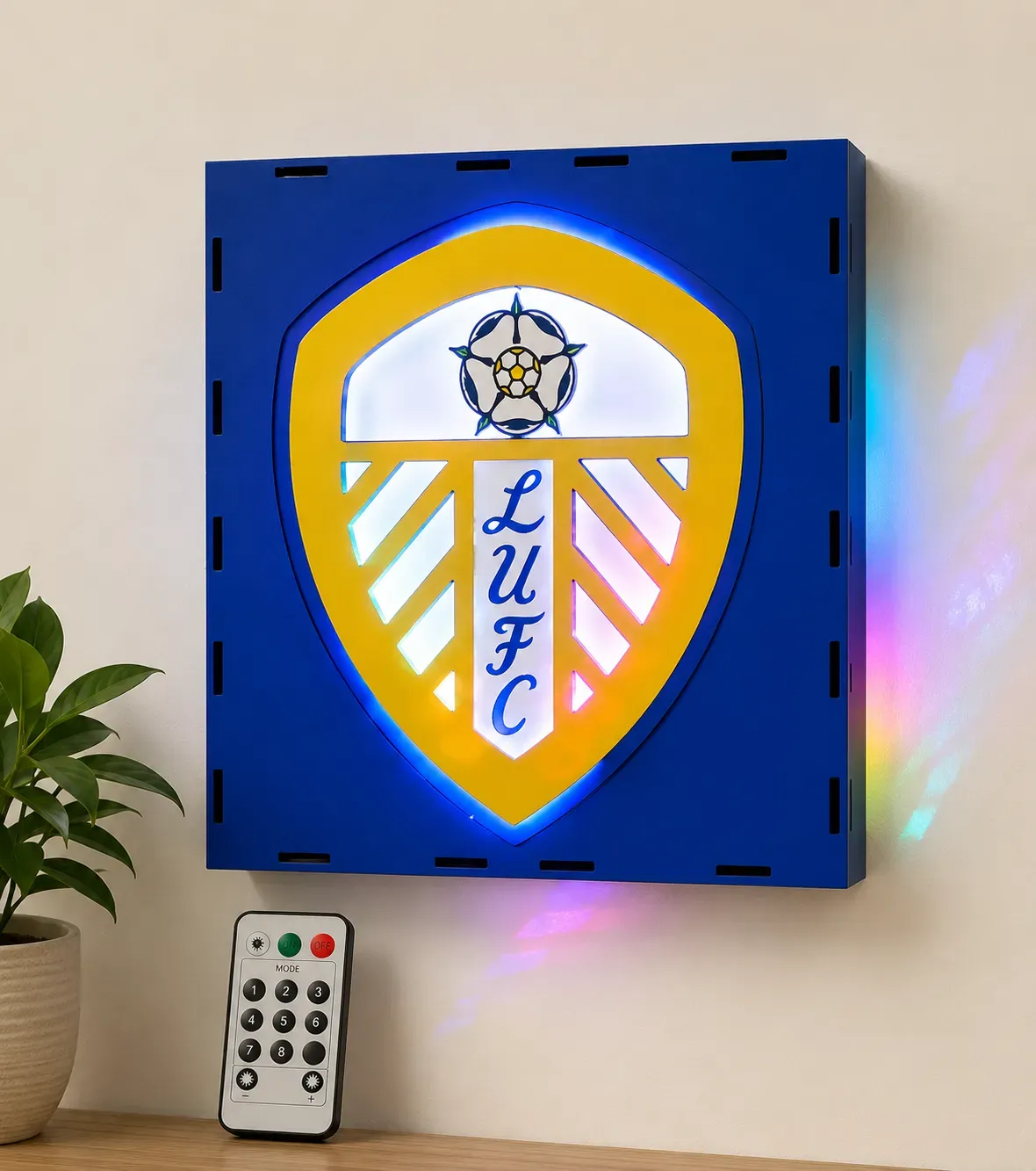 Leeds-Inspired LED Lightbox – Remote-Controlled Football Fan Light – Handmade Wooden Room Décor – 290mm x 290mm thumbnail