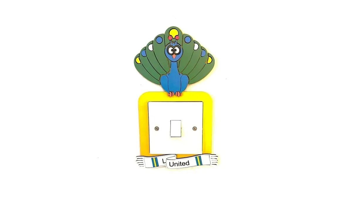Leeds Peacock Football Inspired Light Switch Cover – Handmade Wooden Sports Bedroom Decor | Fits UK Standard Light Switches thumbnail