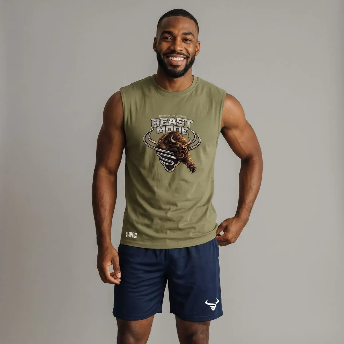8213619216411-eujkt8htraaasxnj6wb339-Navy-Blue-Sports-Shorts---Front-White-Bison-Logo--AI-Fashion-Models- thumbnail image
