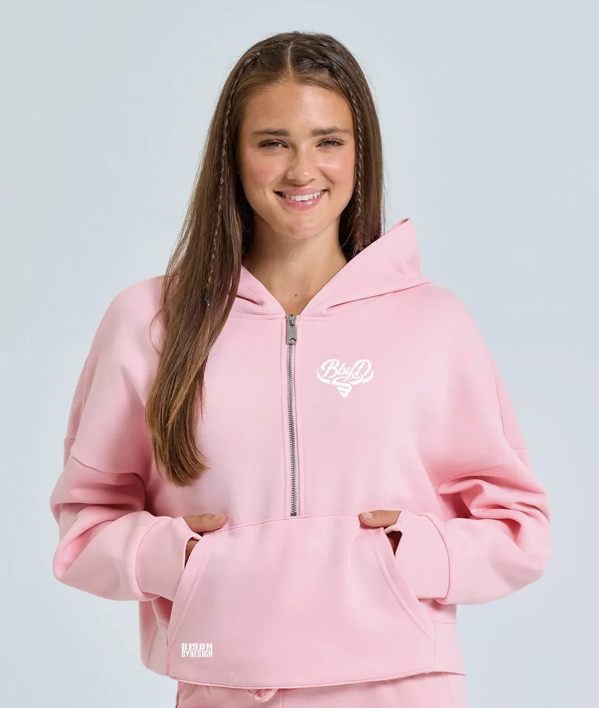 8217777072545-nc98t85hpkzm7eln9gze-BbyD-Half-Zip-Hoodie-Pink-Model thumbnail image