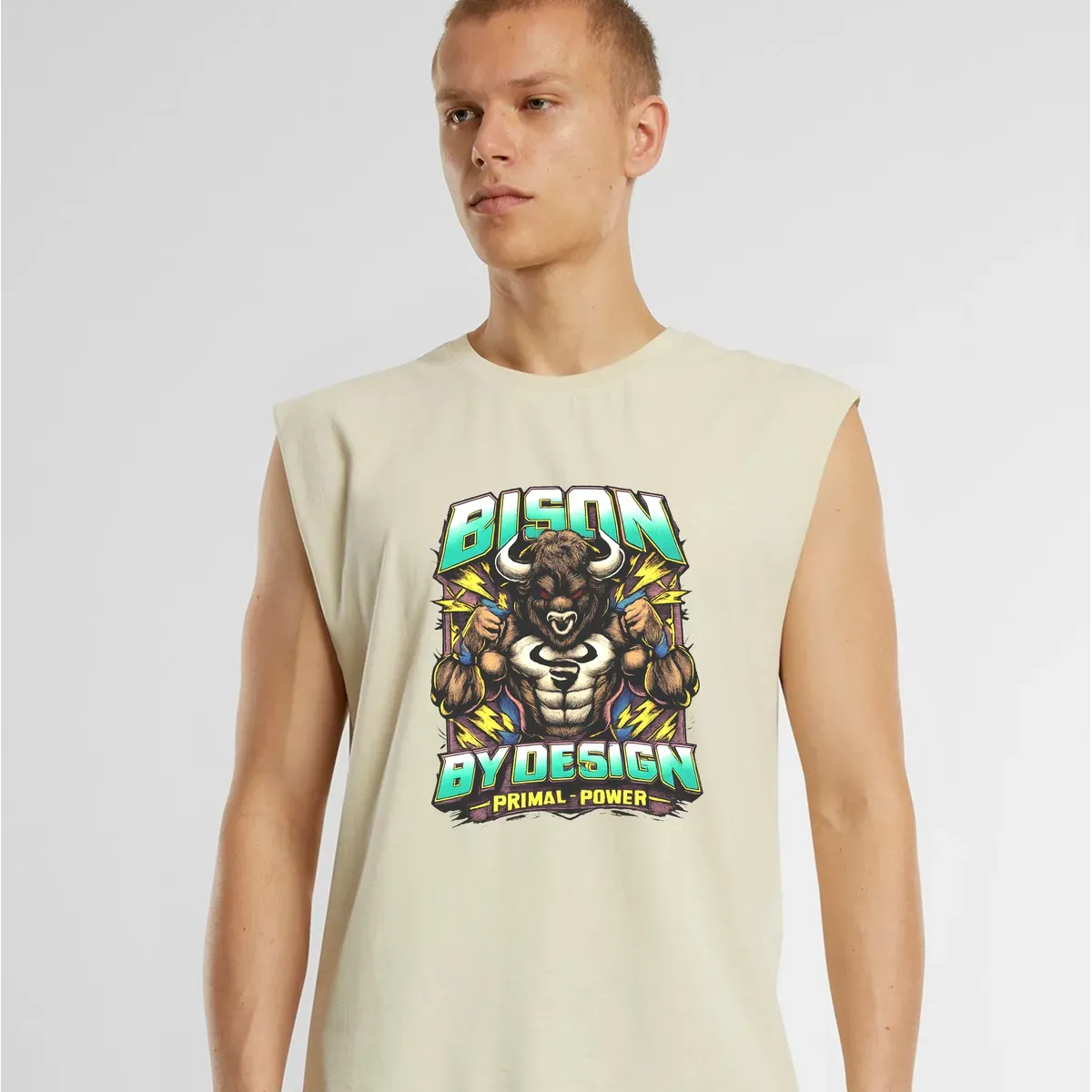 BisonByDesign Primal Power Graphic Sleeveless Tee Stone thumbnail image