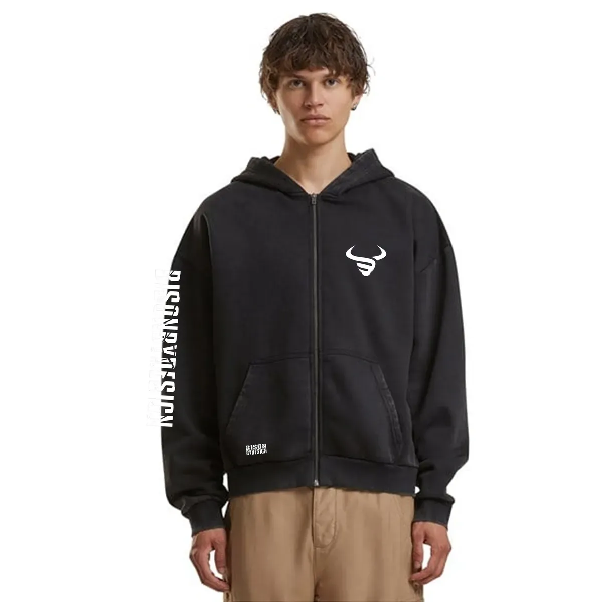 Mens Vintage Full Zipped Hoodie Front Black thumbnail image