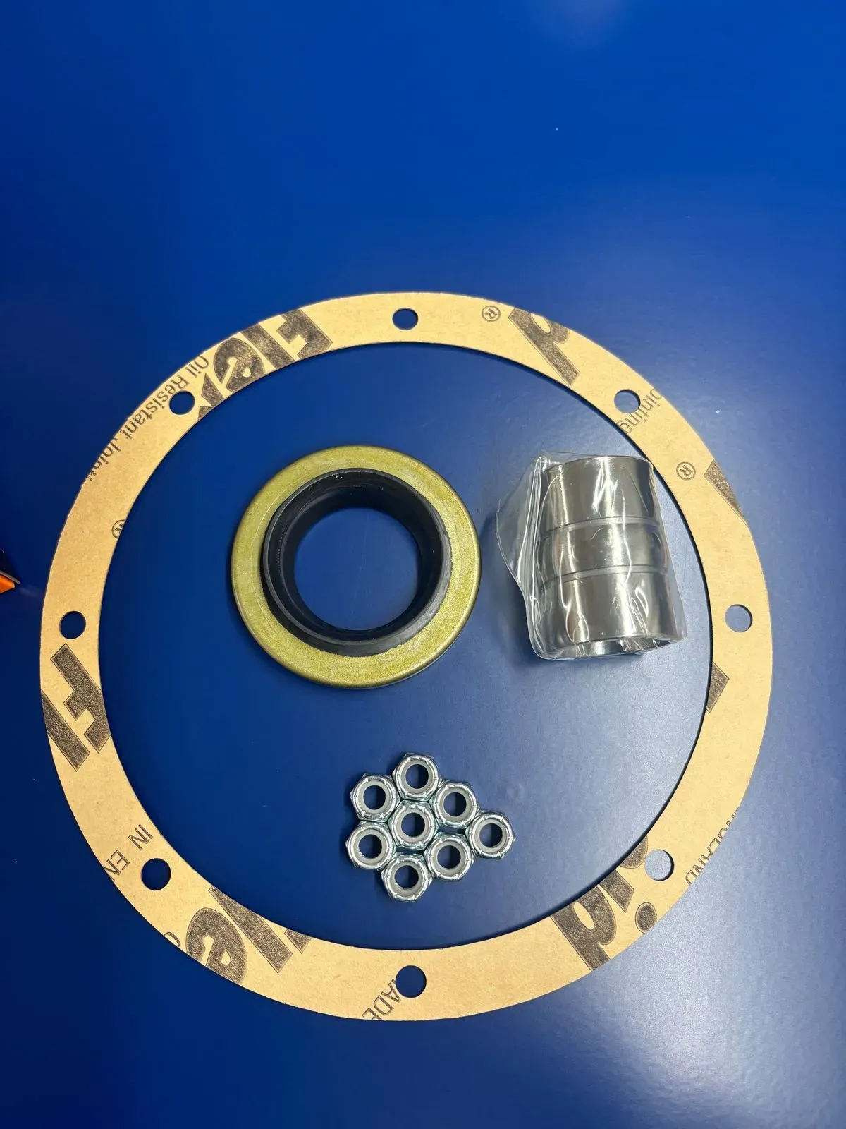 English axle rebuild kit components displayed in Leicester workshop