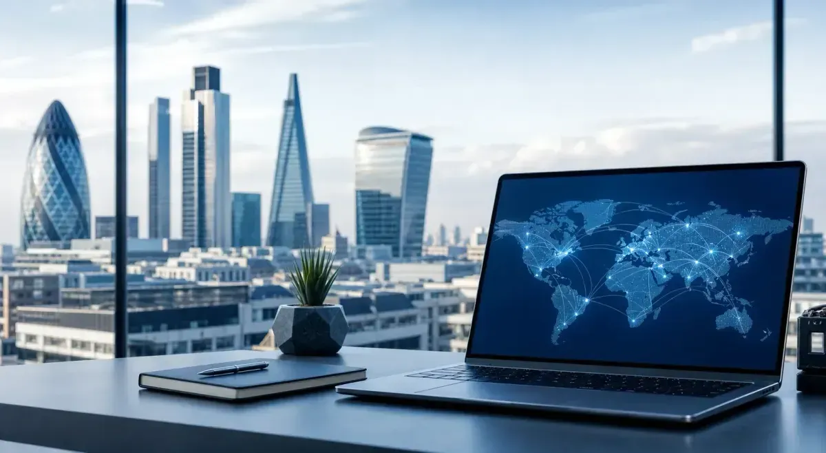 Laptop displaying global payment connections with the London skyline behind it
