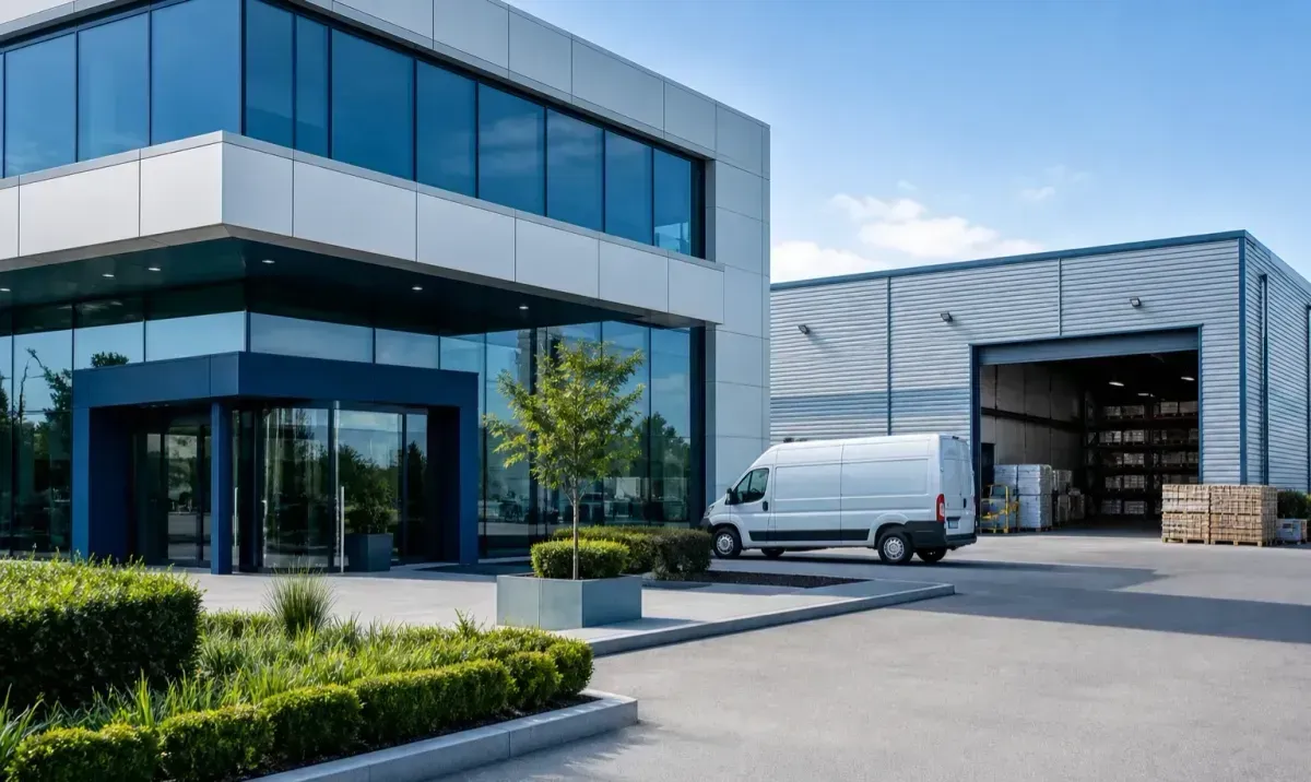 Modern business premises and a delivery van illustrating business finance
