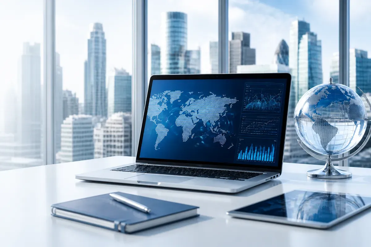 Laptop displaying a world map beside a globe in a city office