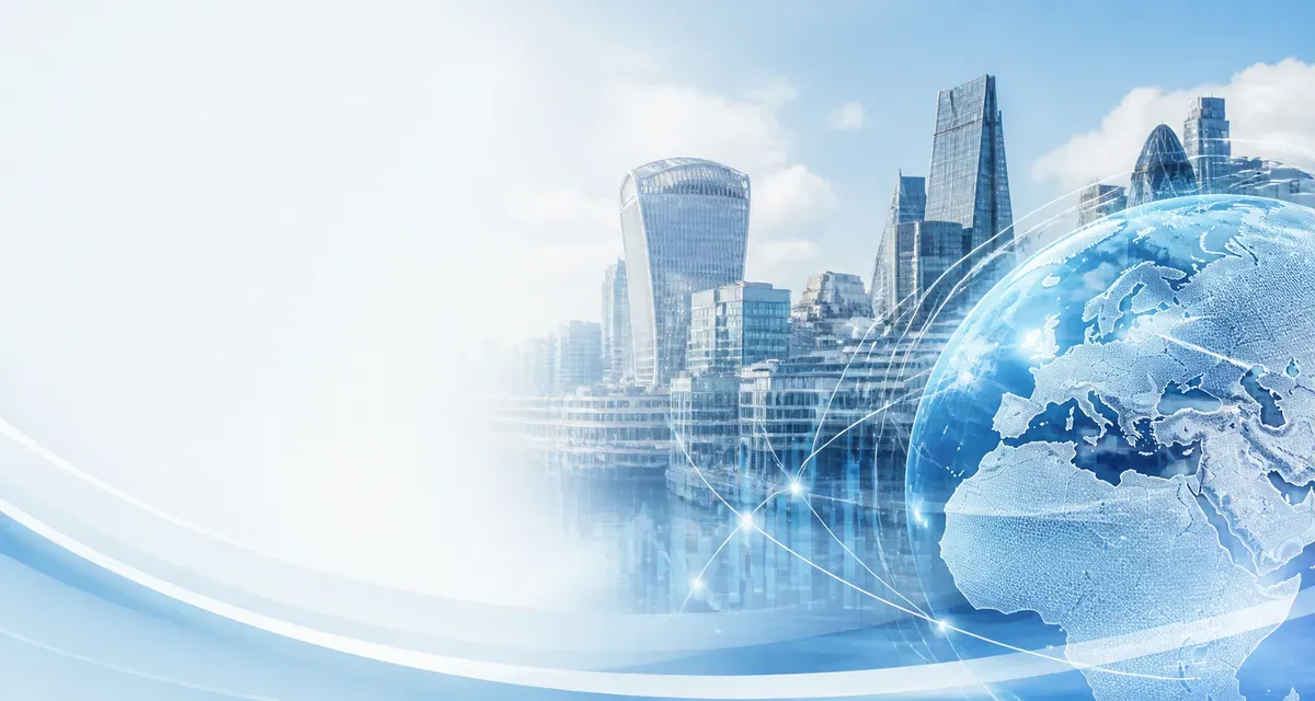 London skyline and connected globe illustrating UK business finance and international payments