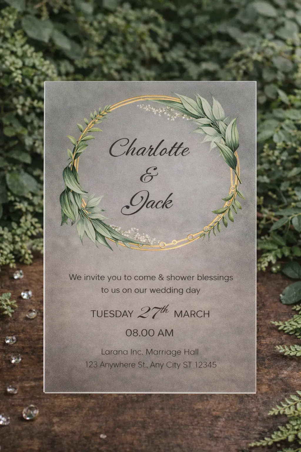 8227805093742-a79wiglwn7gjzzufn084p-Frosted-acrylic-wedding-invitation-with-greenery-main-picture thumbnail image