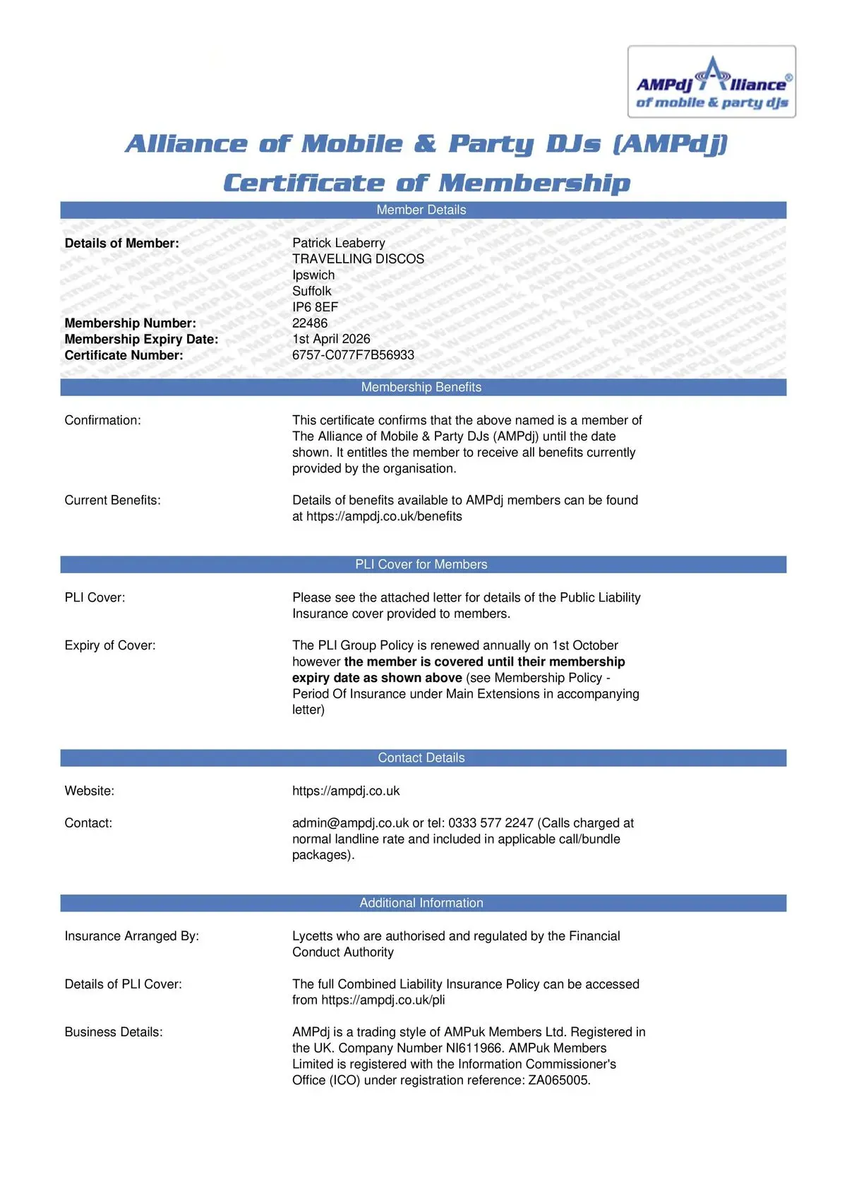 Travelling Discos PLI Cert