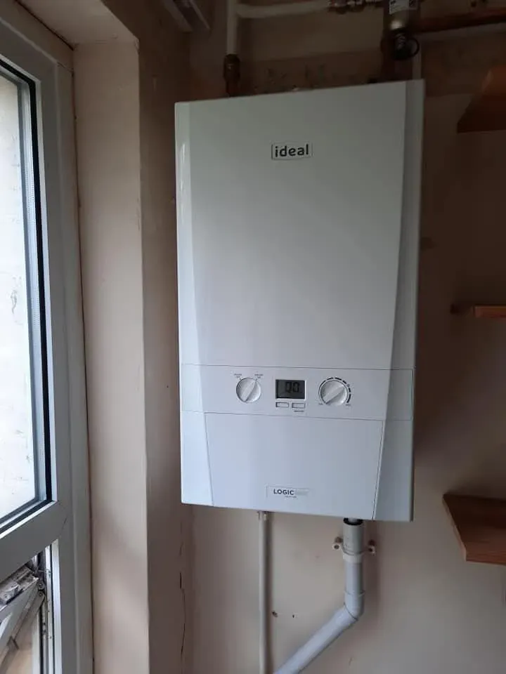 Experienced engineers conducting boiler service in local home