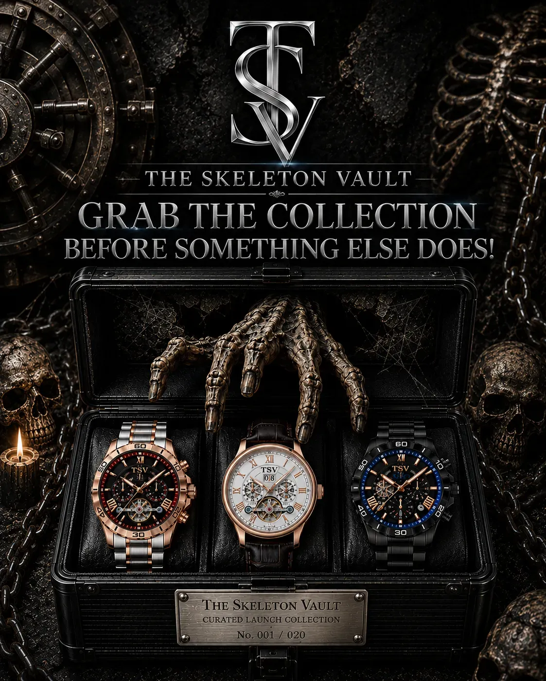 The Skeleton Vault dark luxury watch collection presentation with numbered collector detail