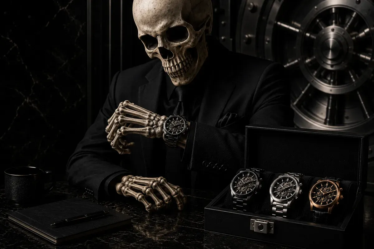 The Skeleton Vault contact page artwork with dark luxury skeleton watch branding
