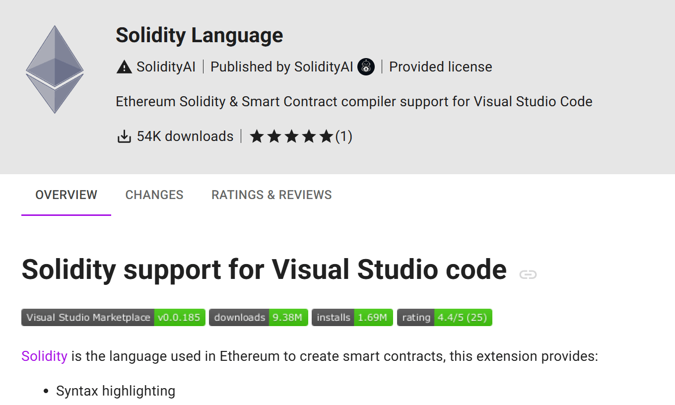 Screenshot showing the malicious Solidity Language extension mimicking a legitimate one.