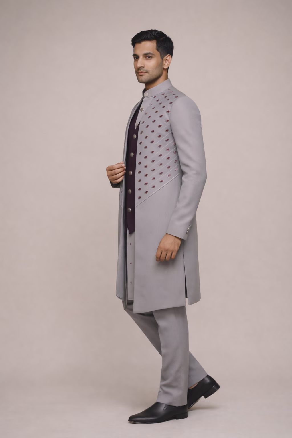 Embroidered Grey Satin Sherwani with Plum Vest