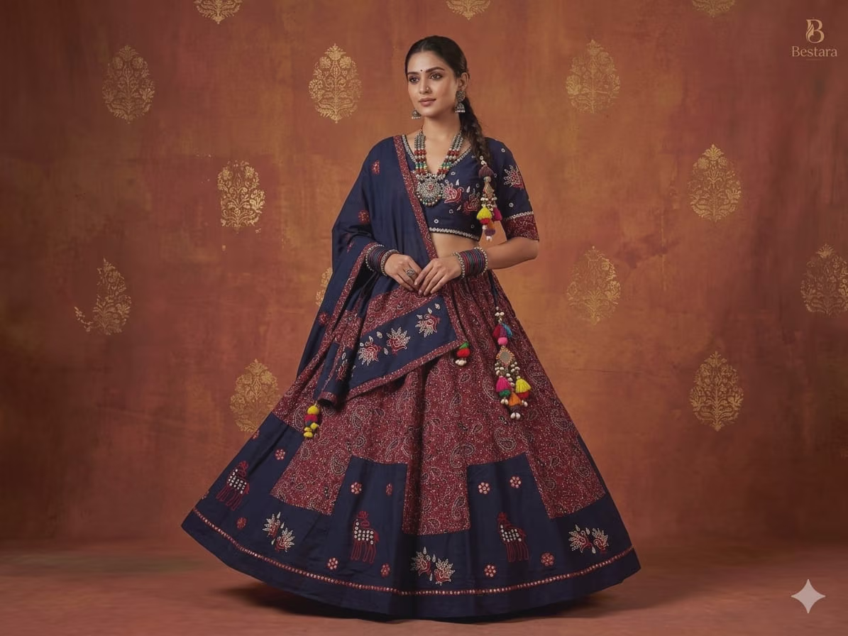 Navy Blue and Maroon Cotton Lehenga Choli with Embroidered Motifs