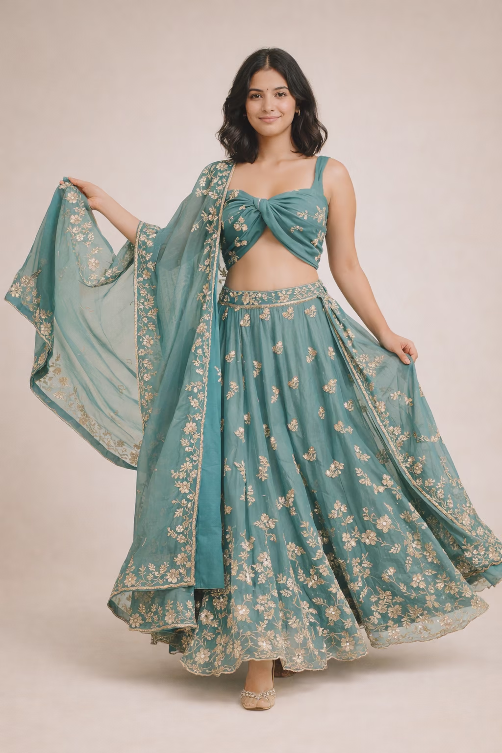 Embroidered Teal Net Silk Lehenga Choli