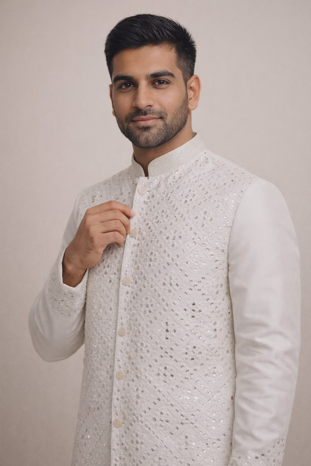 Ivory Silk Blend Kurta Set with Mirror Embroidered Nehru Jacket