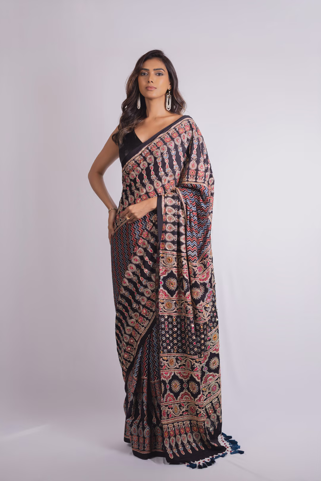 Black Silk Saree with Multicolor Embroidered Floral and Geometric Patterns