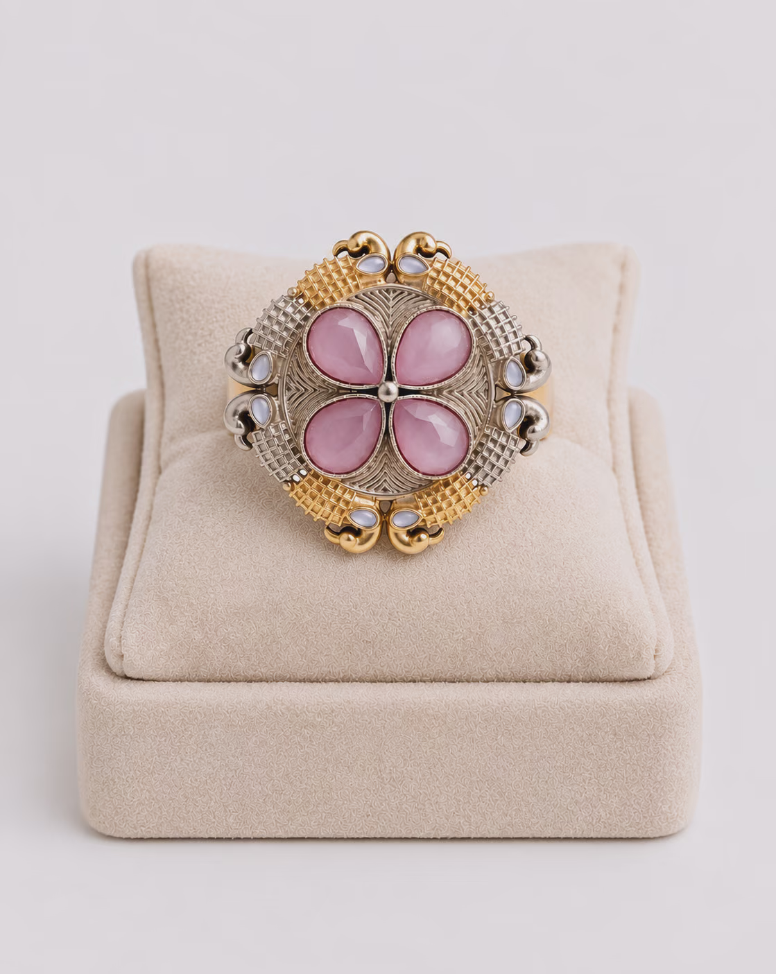 Gold and Silver Ring with Pink Stone and Pearl Detailing