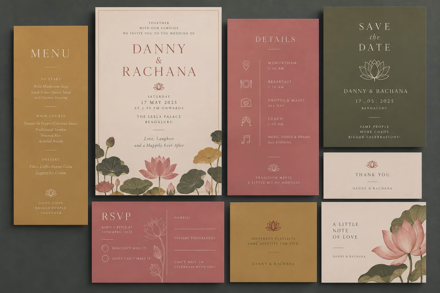 Floral Wedding Invitation Suite with Lotus Motif