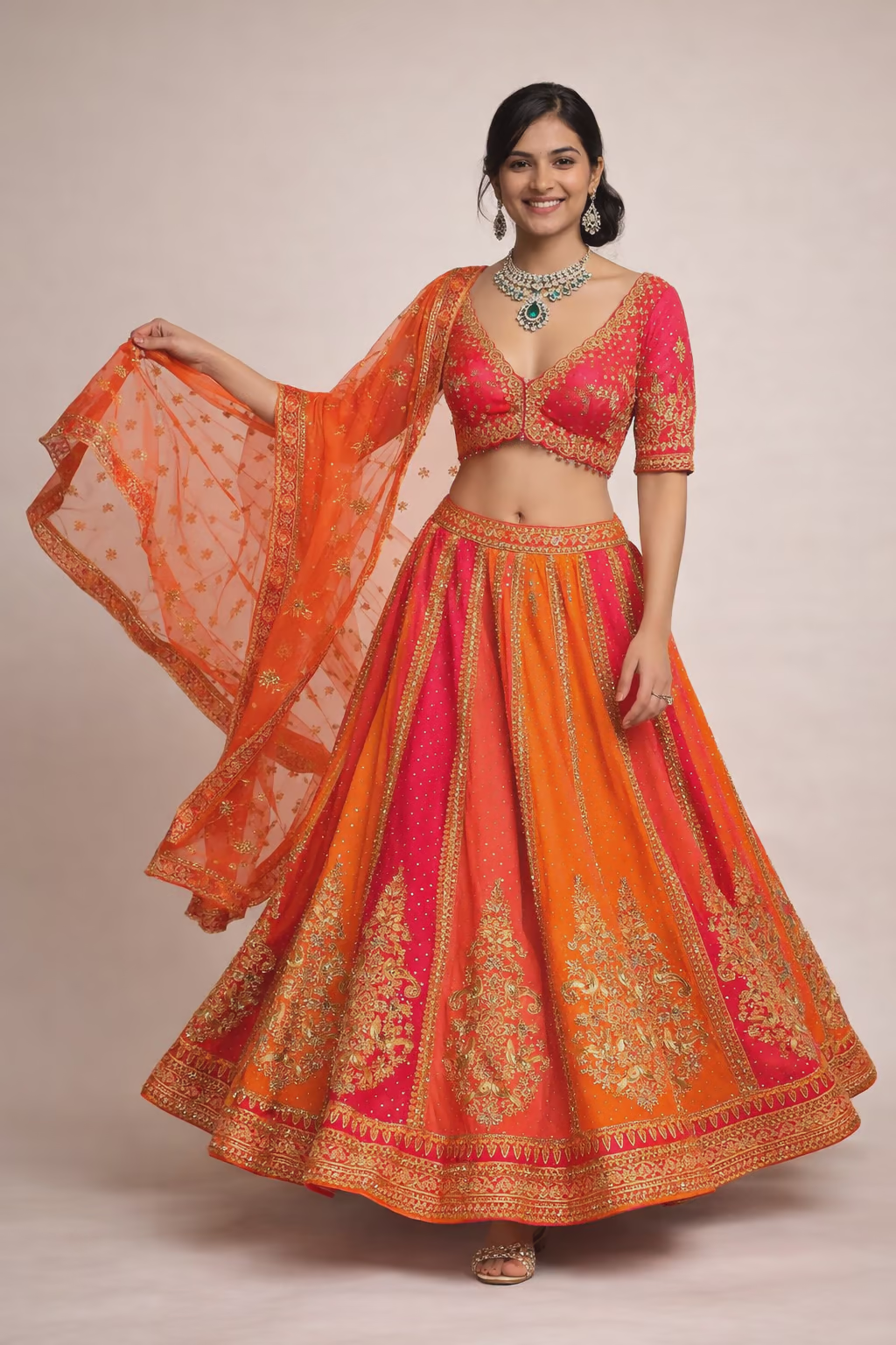 Embroidered Pink and Orange Silk Lehenga
