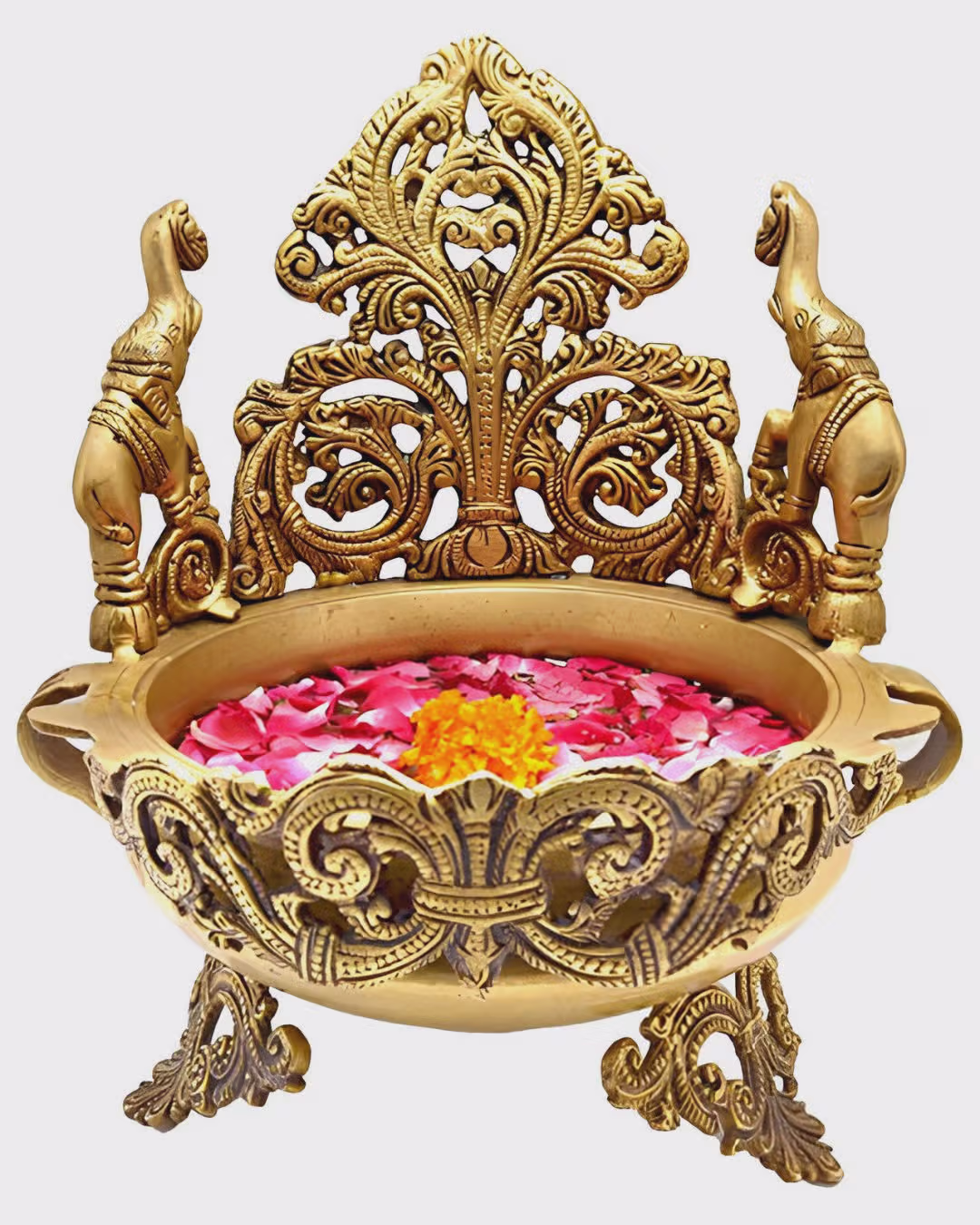 Ornate Brass Pedestal Bowl with Elephant Motif