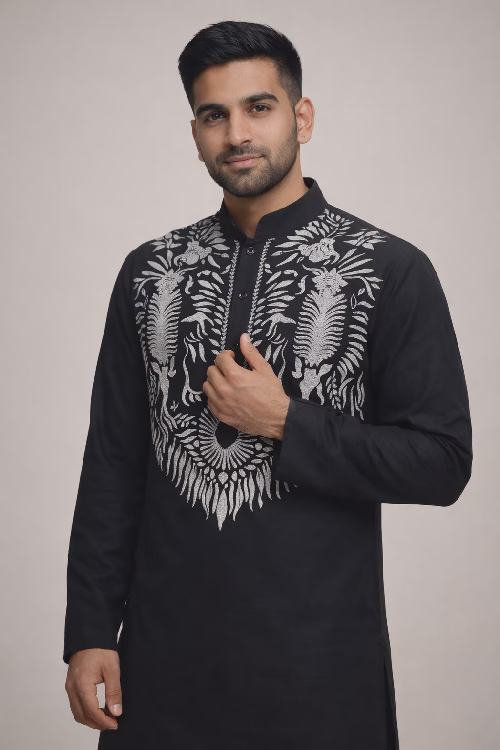 Black Cotton Blend Kurta Pajama Set with White Embroidered Yoke