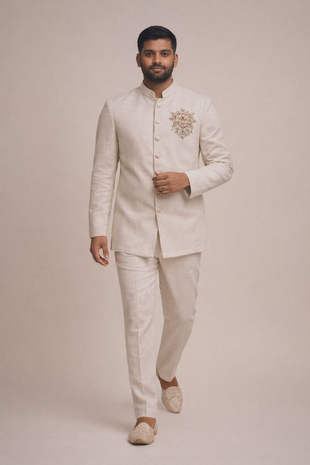 Ivory Linen Blend Embroidered Bandhgala Suit