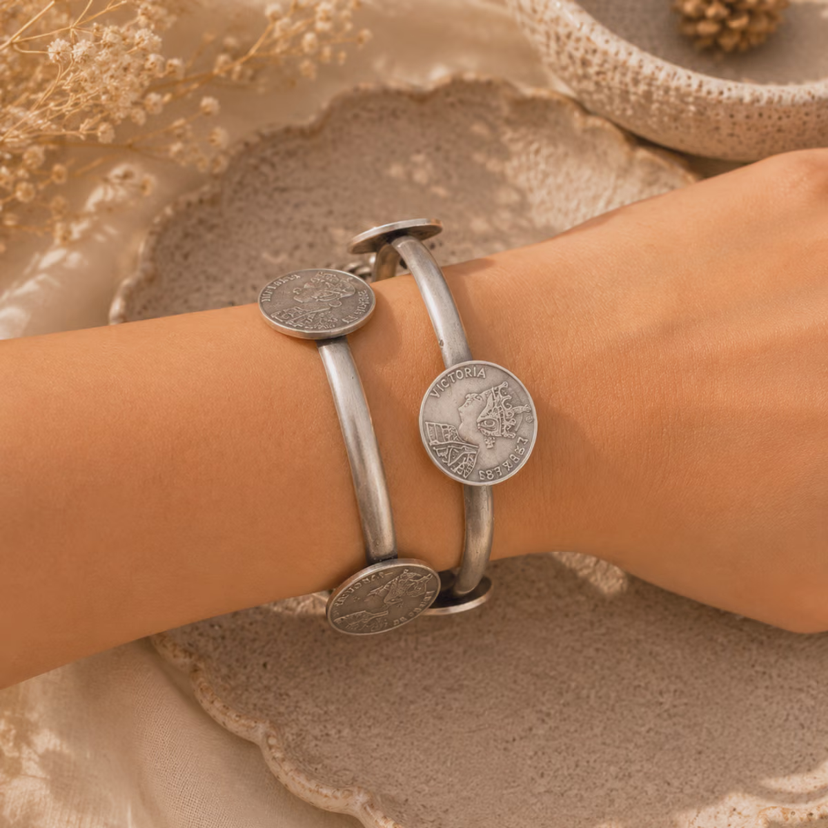 Oxidised Silver Coin Kada Bracelet