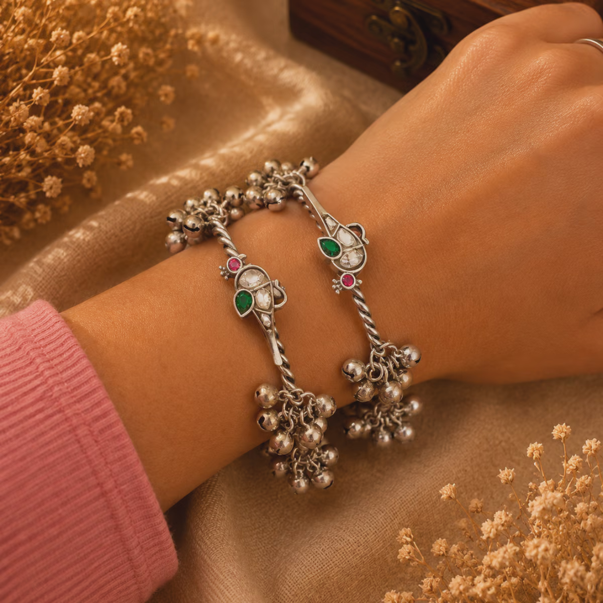 Silver-Tone Chain Bracelet with Colored Stone Charms