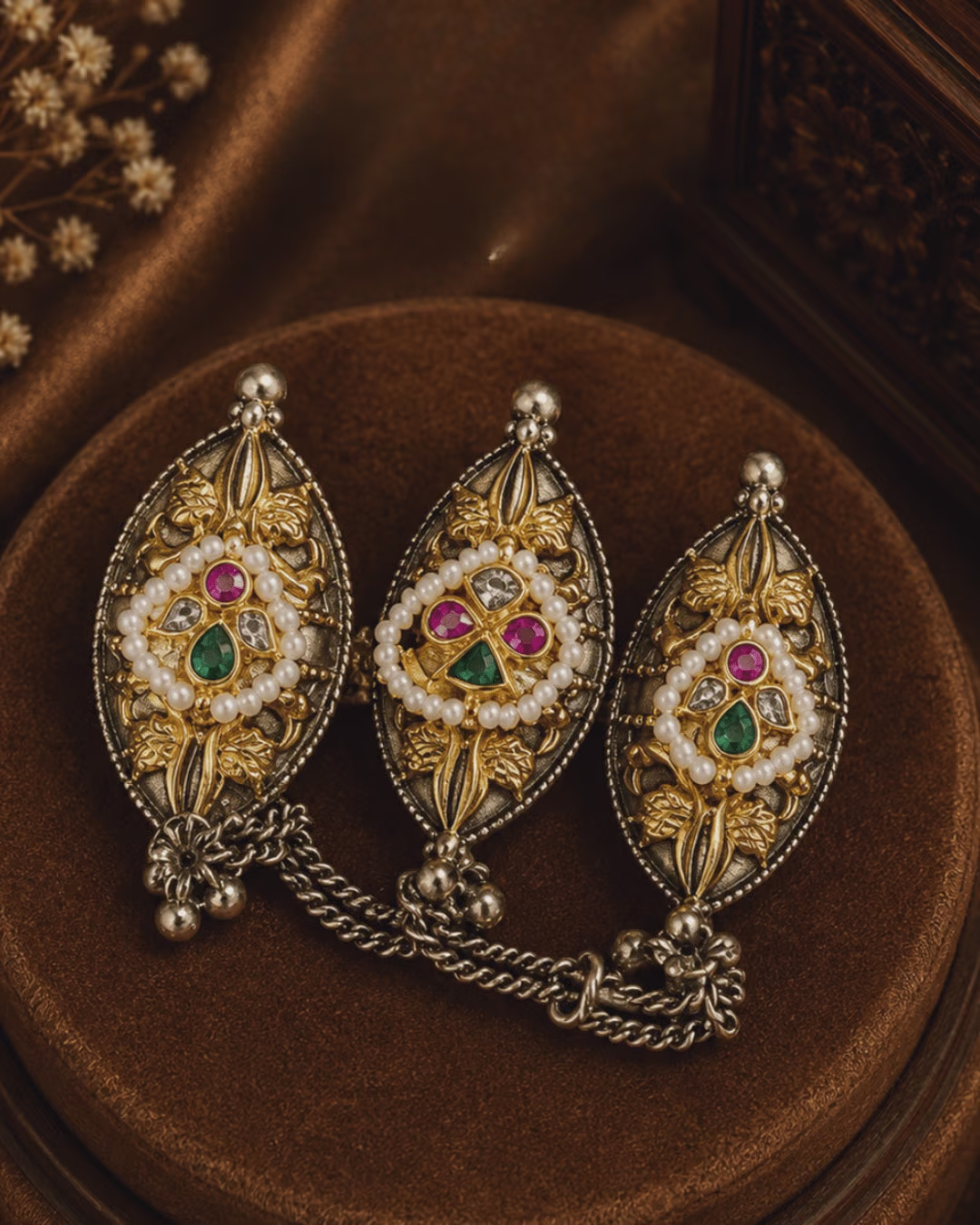 Antique Finish Kundan and Pearl Ring.