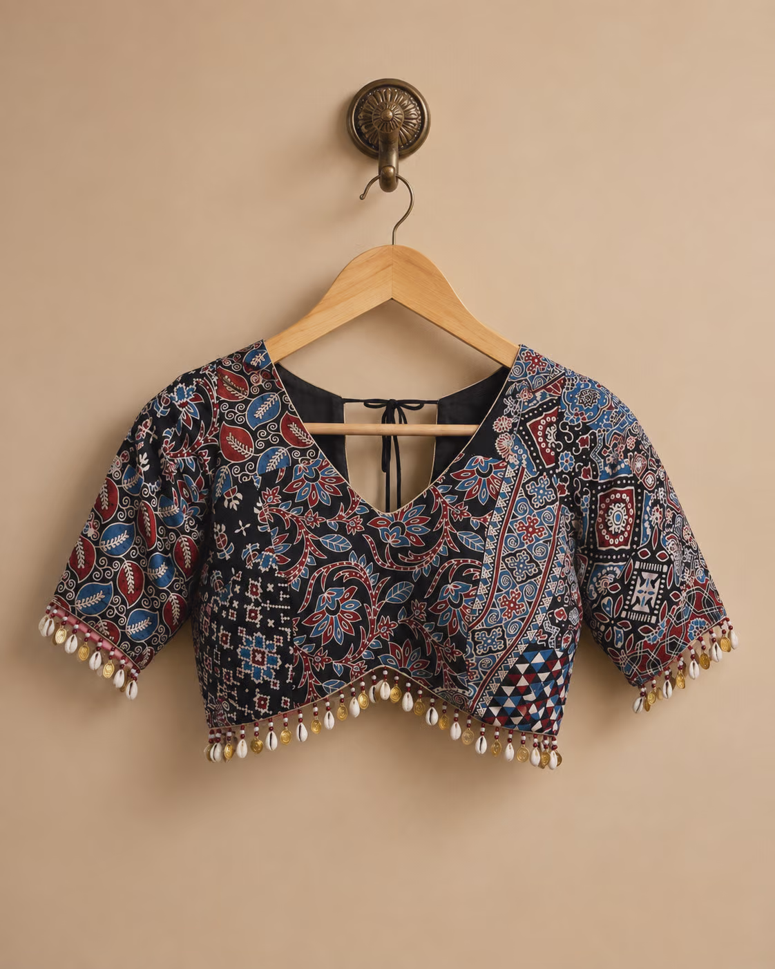 Ajrakh Print Cotton Blouse with Pearl Border