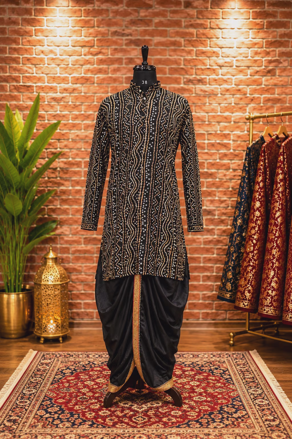 Black Silk Blend Sherwani with Gold Embroidery and Draped Pants