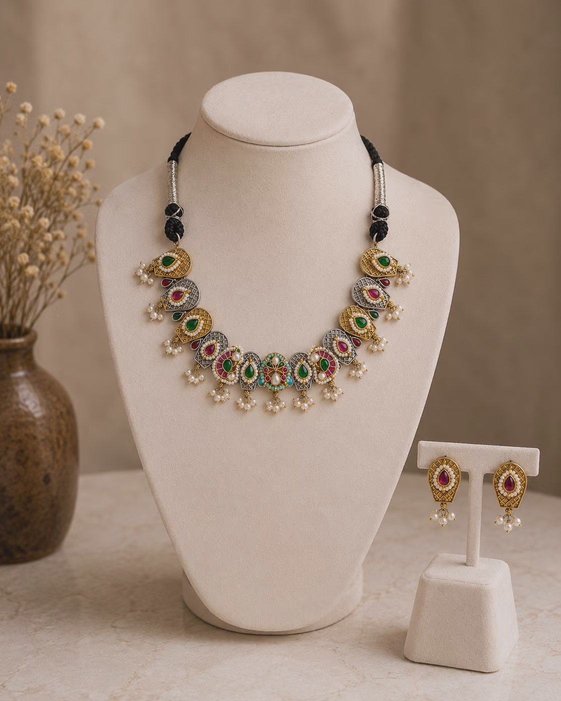 Antique Finish Necklace and Earrings Set with Colored Stones and Pearls