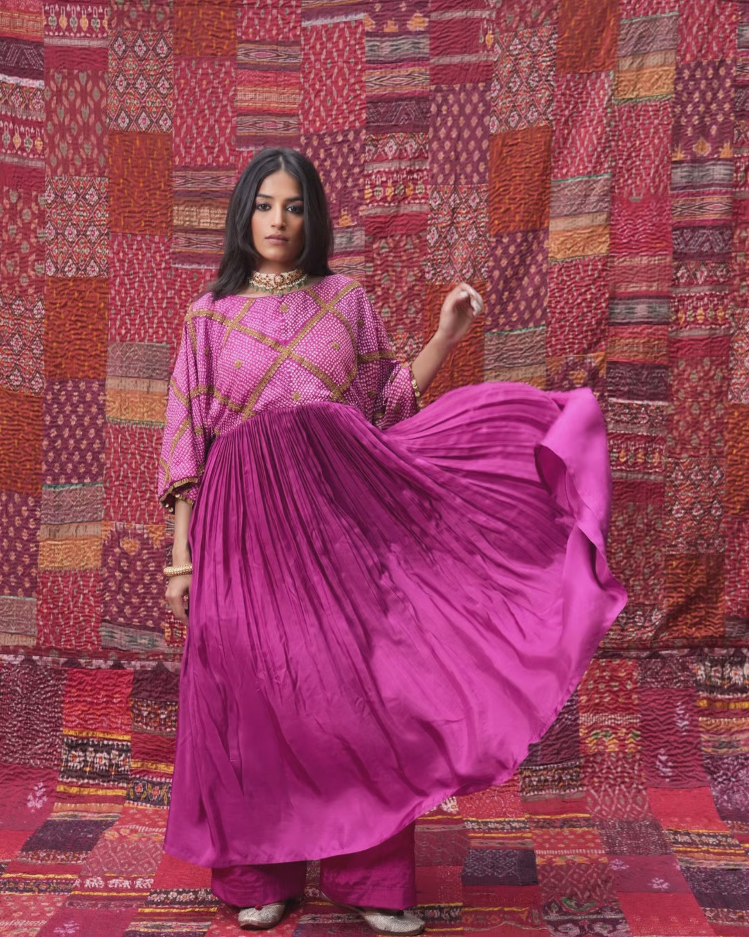 Magenta Silk Blend Pleated Ethnic Dress with Light Embroidery