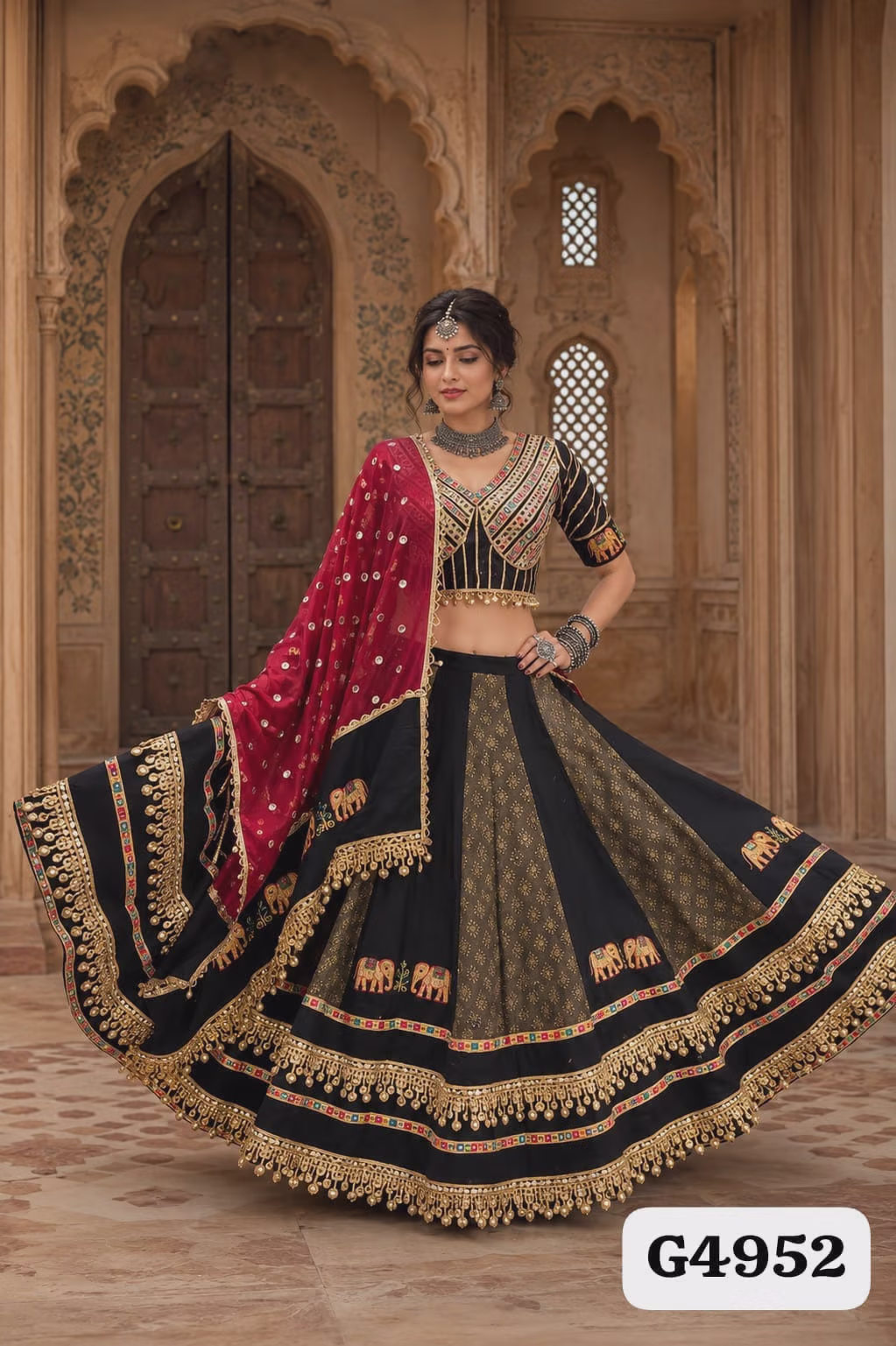 Black and Gold Silk Blend Lehenga Choli with Elephant Motif Embroidery