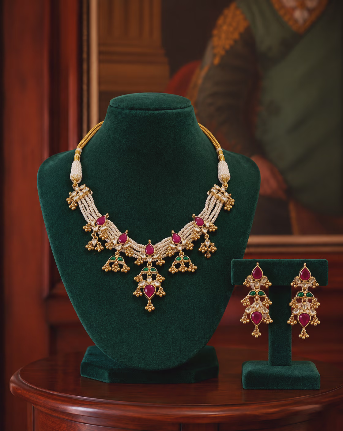 Gold and Pearl Necklace Set with Ruby and Emerald Stones