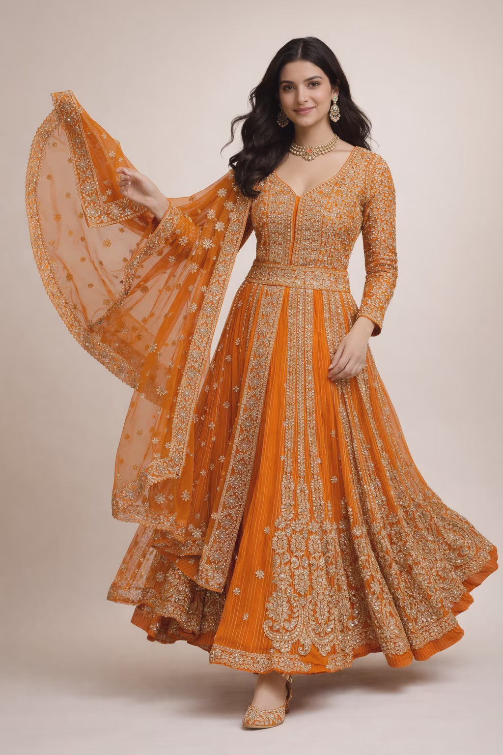 Heavily Embroidered Orange Net Silk Lehenga Choli