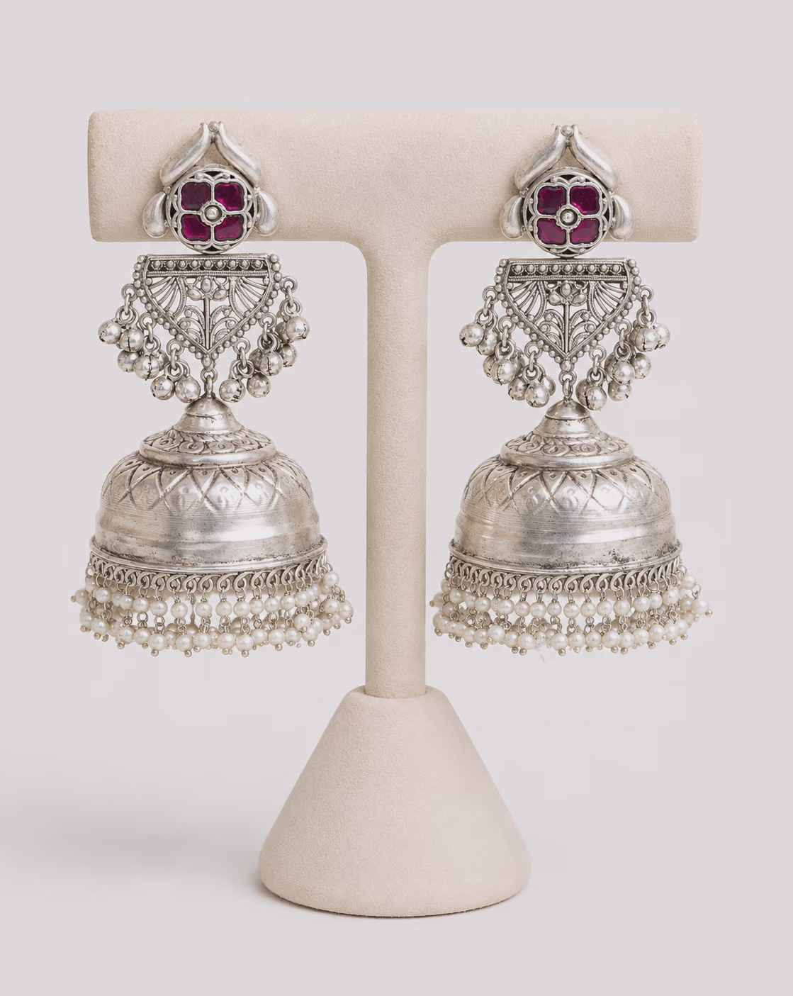 Silver Jhumka Earrings with Pearl Detailing