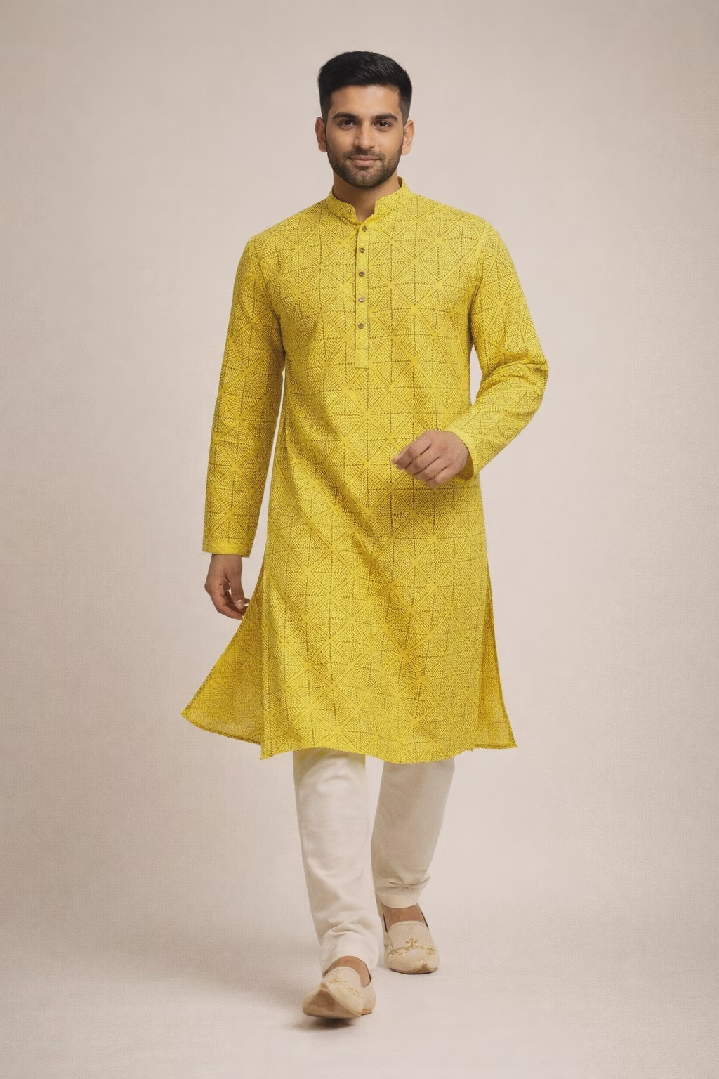 Geometric Embroidered Yellow Cotton Kurta