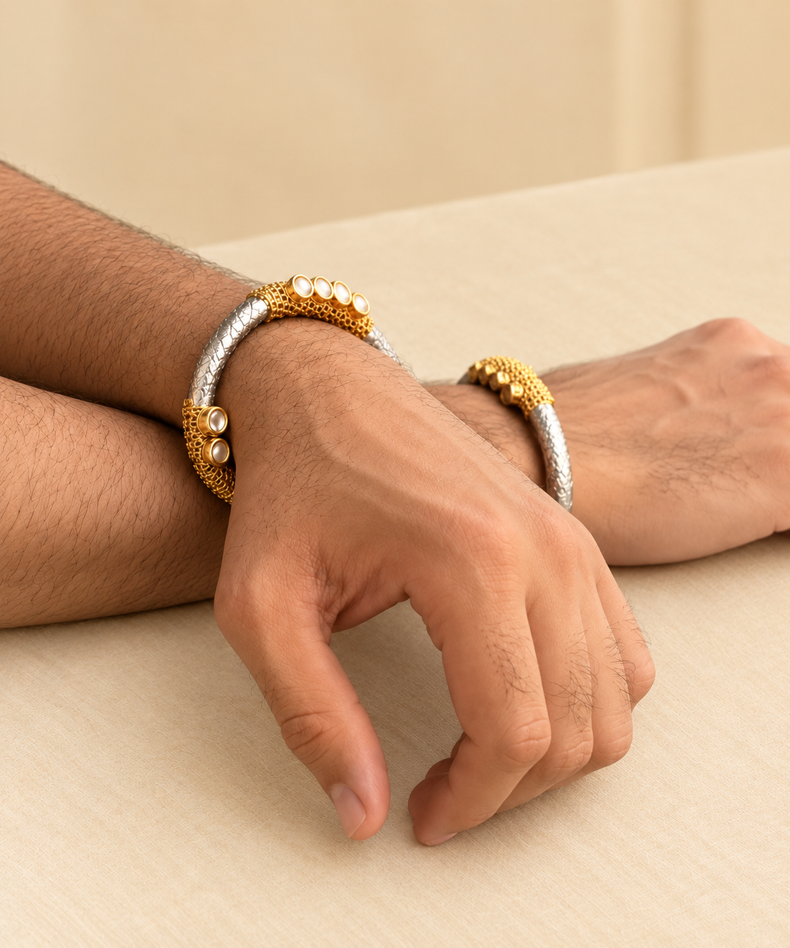 Men's Gold & Silver Hand Kada | Traditional Indian Statement Bracelet | Karatique