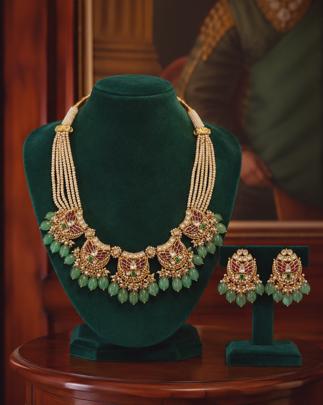 Gold and Green Beaded Necklace Set