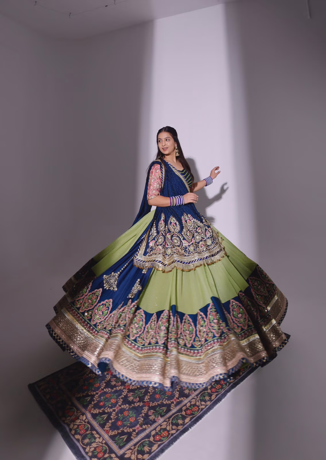 Blue and Green Silk Blend Lehenga with Heavy Embroidery