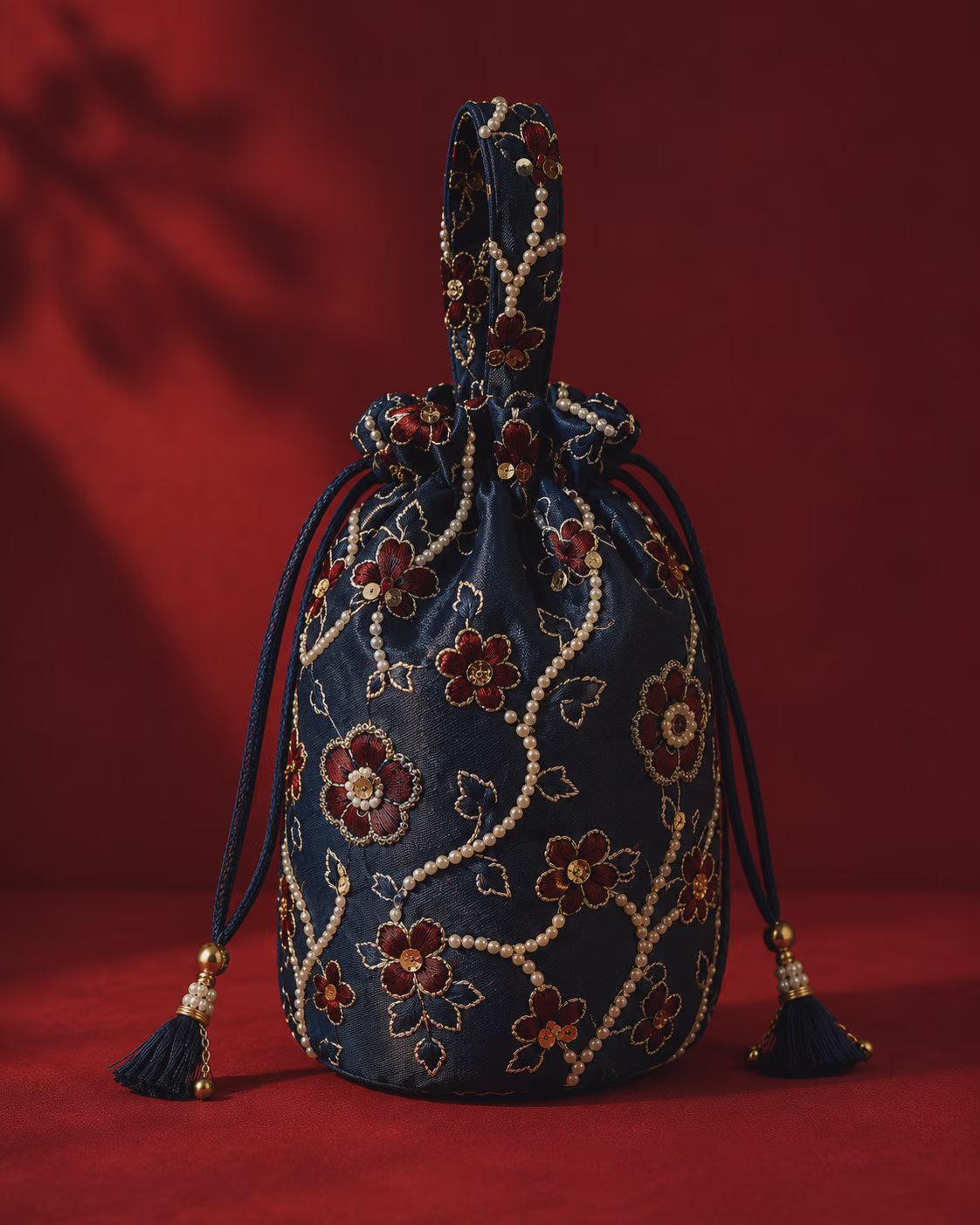 Navy Blue Embroidered Potli Bag with Pearl and Floral Detailing