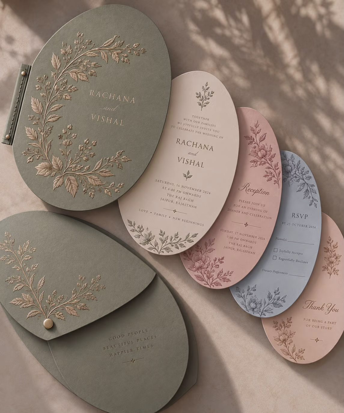 Oval Wedding Invitation Set with Floral Embossing