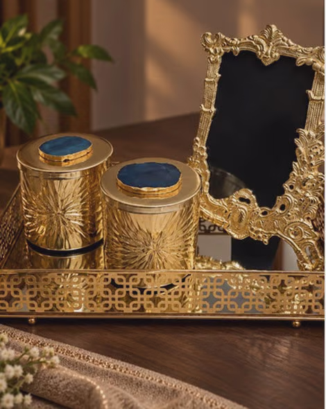 Gold Decorative Tray Set with Mirror and Containers