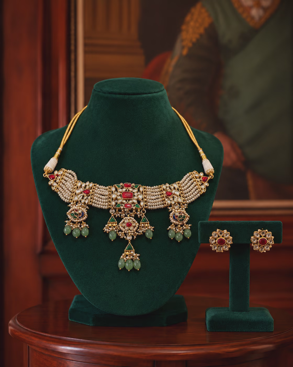 Kundan Pearl Necklace Set with Green Beads